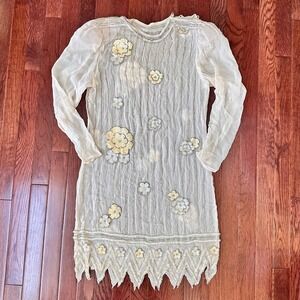 Vintage Y2K 60s 70s 80s 90s Long Sleeve Silk Embellished Beaded Sheer Dress